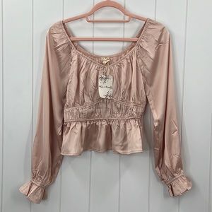 Hem & Thread Satin Blouse Ruched Detail Ruffle Sleeve